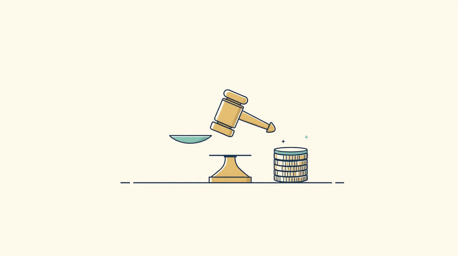 Illustration of a balanced scale with a small wooden gavel on one side and a stack of coins on the other