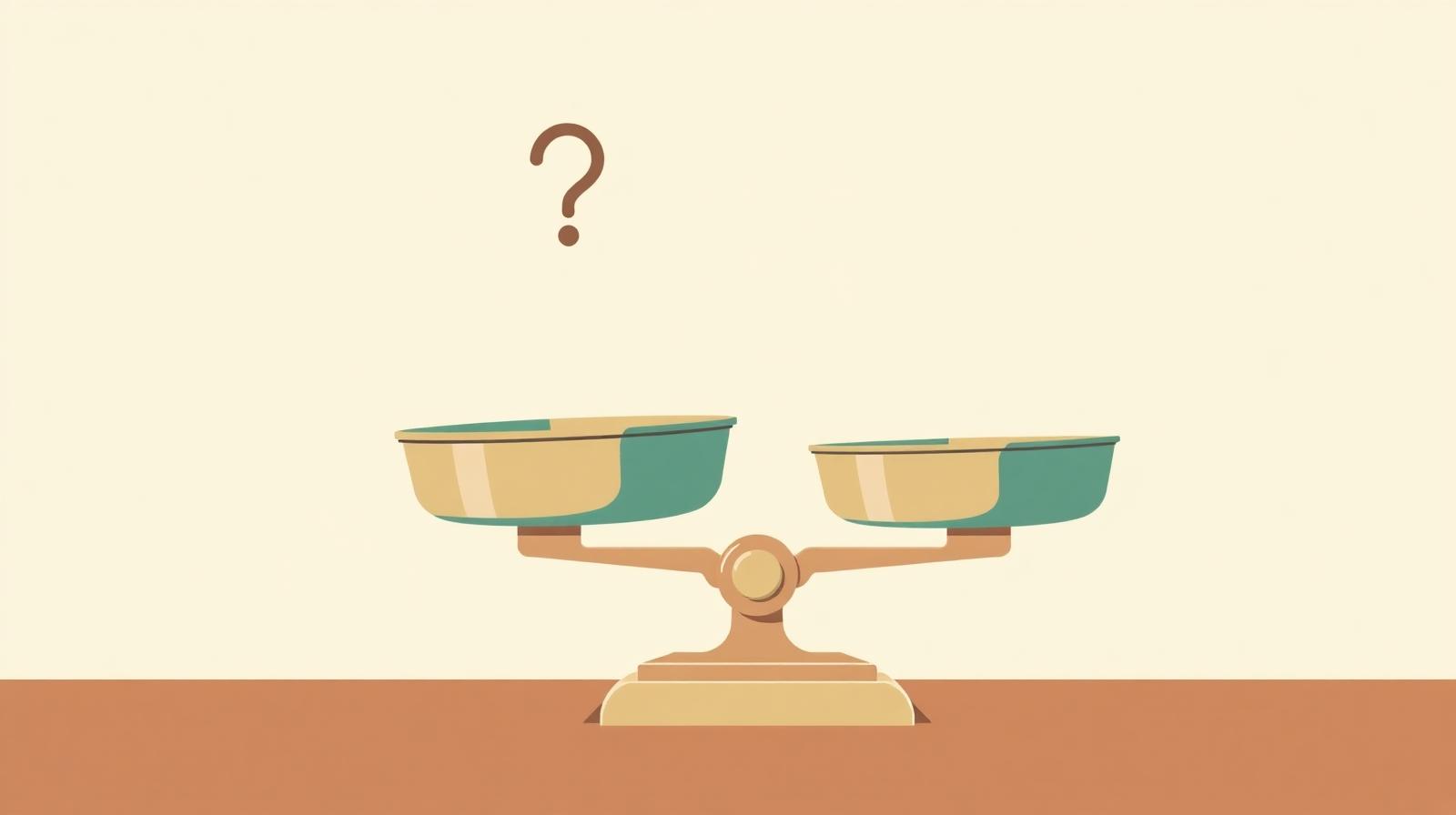 Illustration of a balance scale slightly tipped with a question mark above the lighter pan, representing alimony qualification